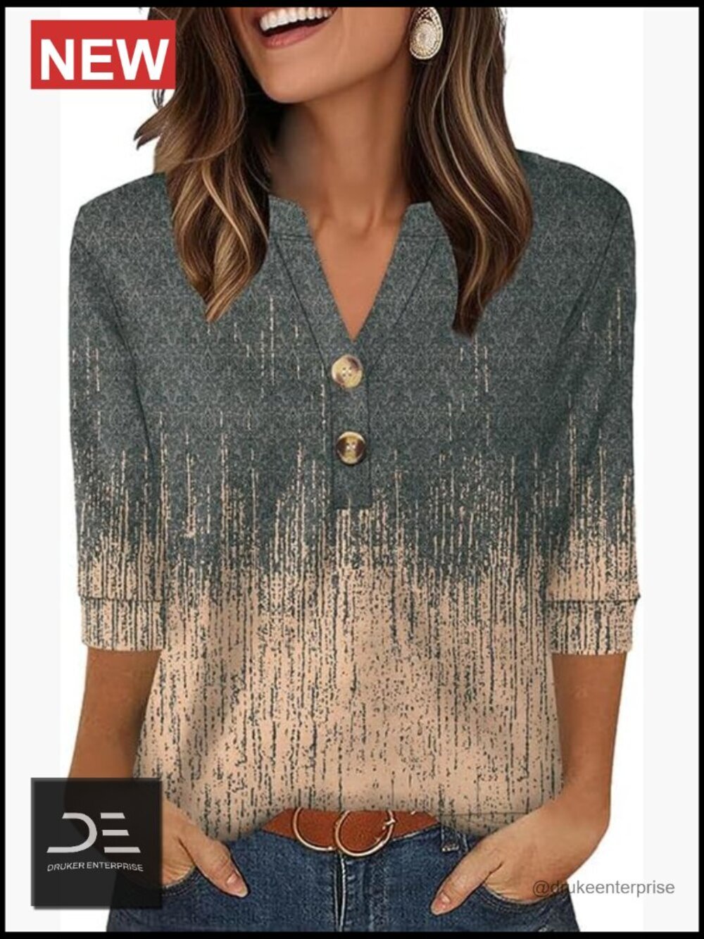 3/4 Sleeve V-Neck Henley Blouse Button Down Shirt for Women Loose Fit
